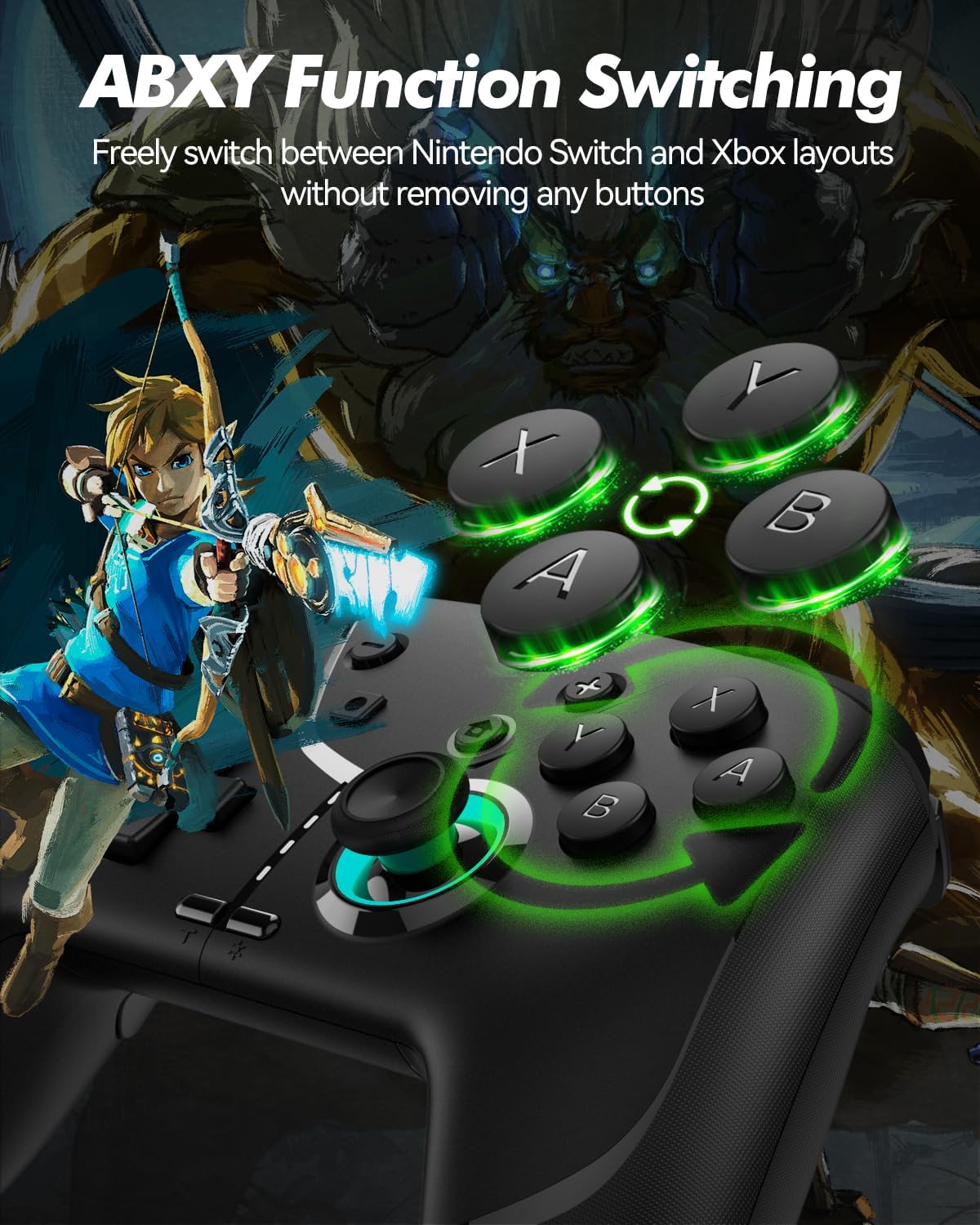 Black Ligame Switch Wireless Controller with vibration, turbo, motion, RGB lighting, and compatibility for iPhone, Android, PC, and Steam.