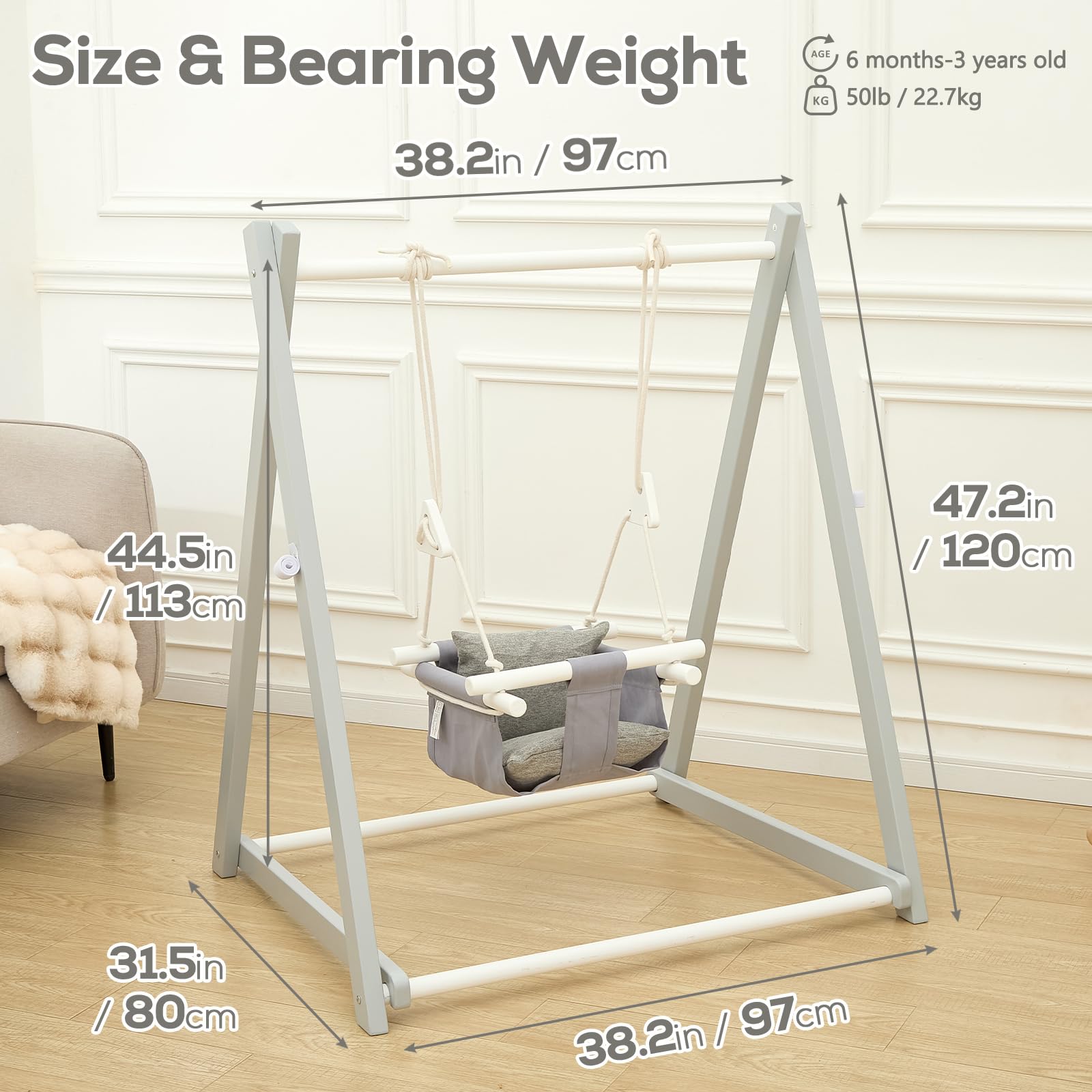 FUNLIO wooden toddler swing set with grey frame, foldable design, four sandbags, and extension straps for indoor or outdoor use.