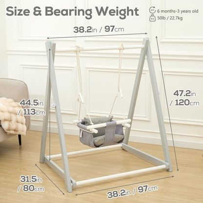 FUNLIO wooden toddler swing set with grey frame, foldable design, four sandbags, and extension straps for indoor or outdoor use.
