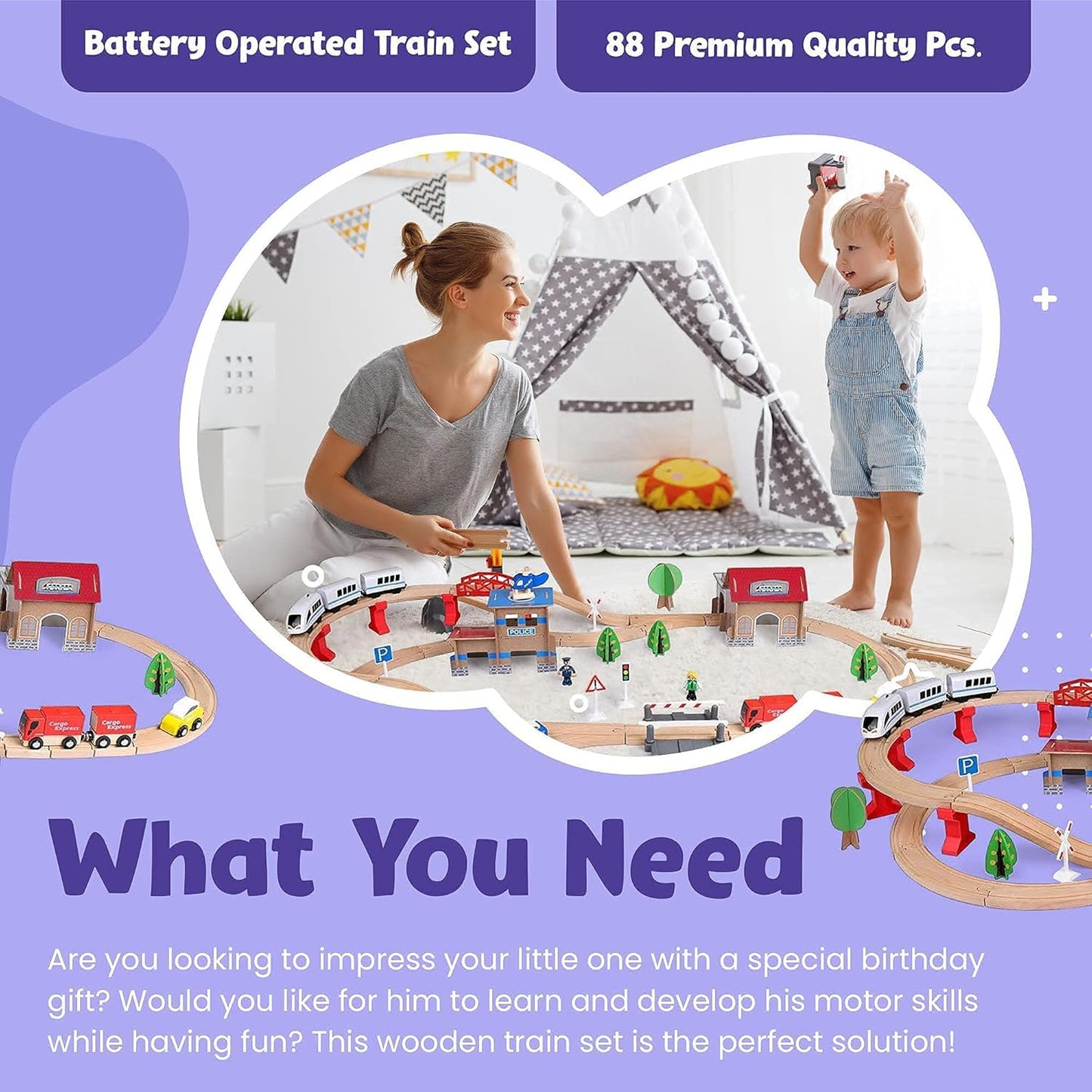 Set of 88-piece WY8 wooden train tracks with station and electric train, suitable for kids 3+ years old, includes Thomas-style train.