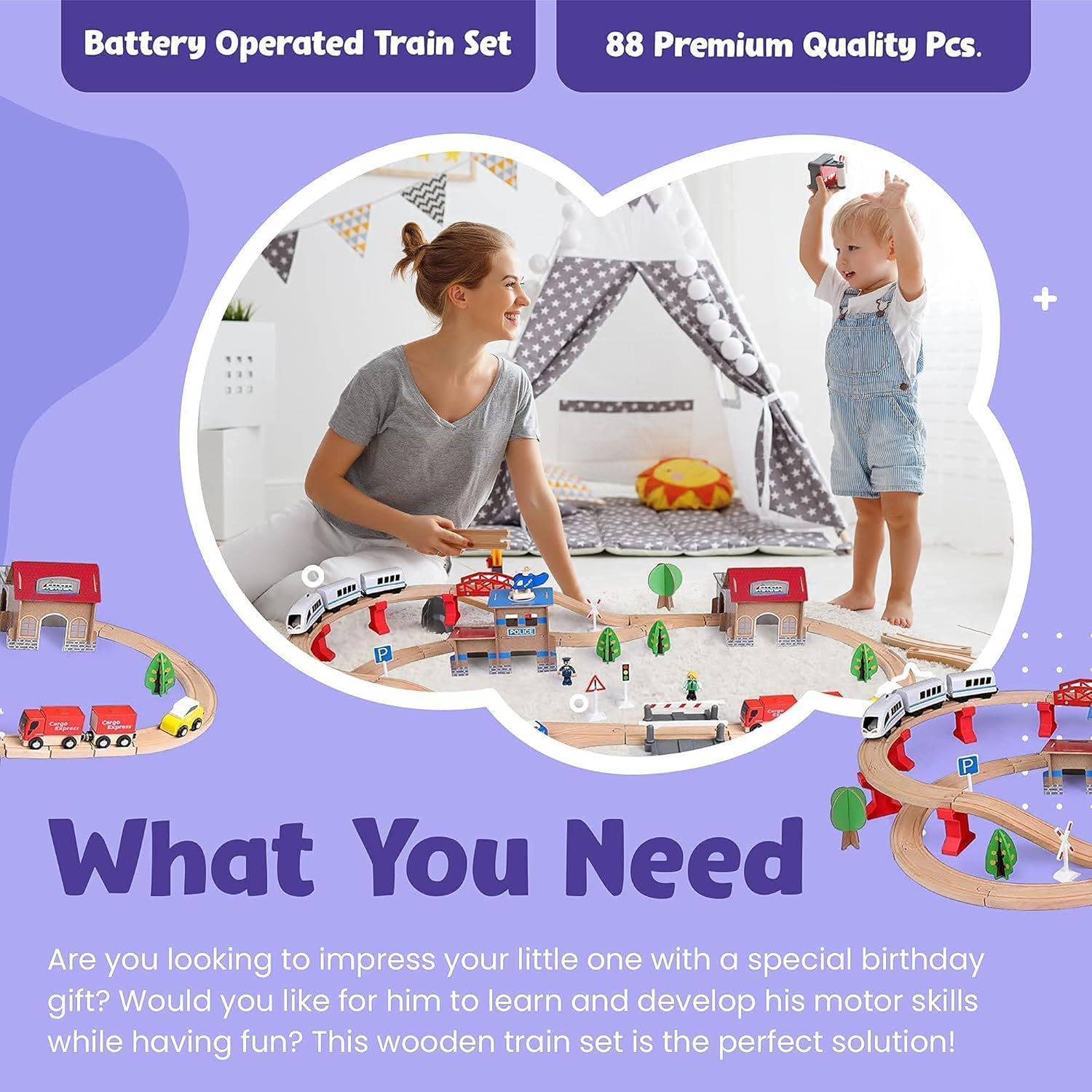 Set of 88-piece WY8 wooden train tracks with station and electric train, suitable for kids 3+ years old, includes Thomas-style train.