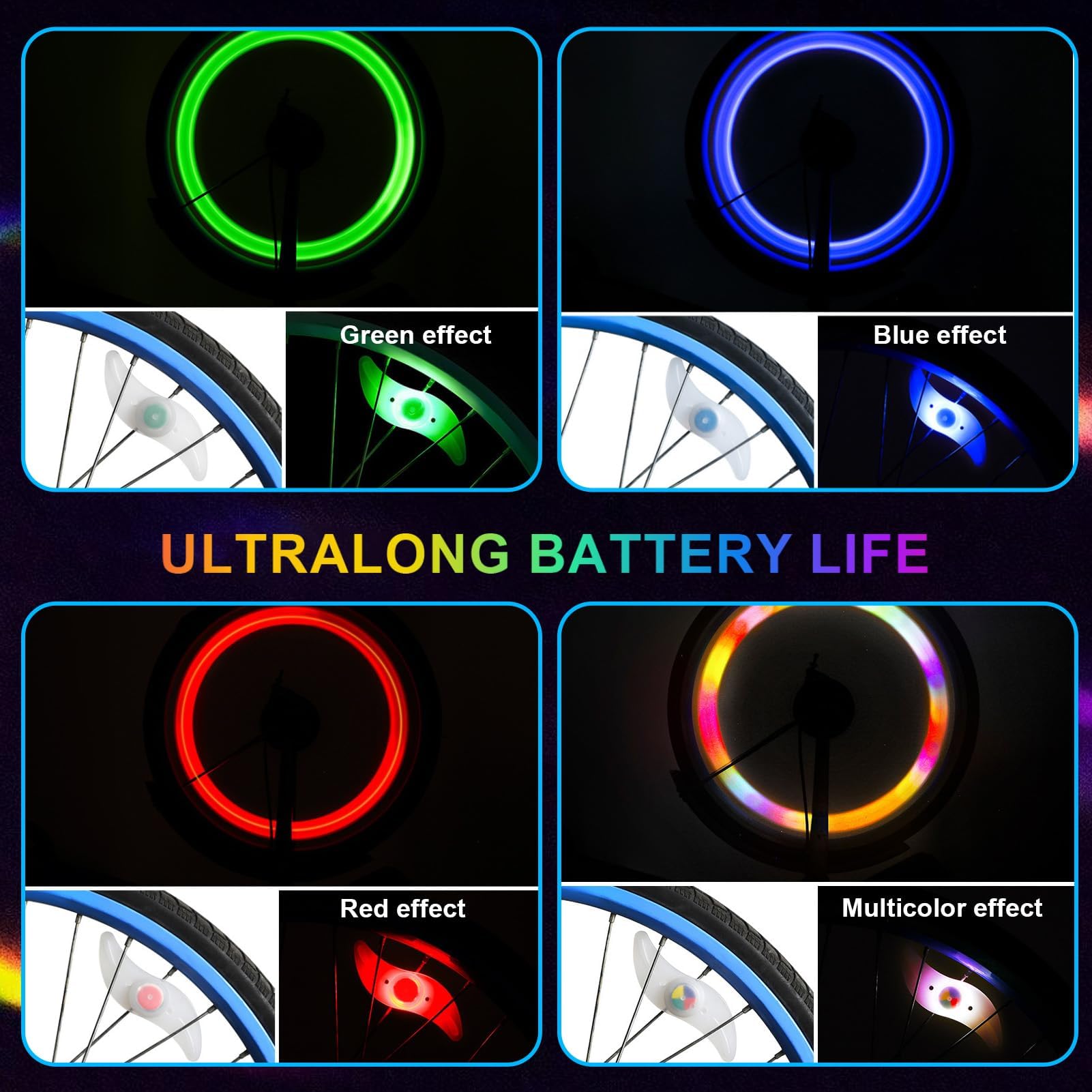 GEU 4-pack bike spoke lights with multicolour neon flashing lamps, featuring 3 modes, for adult and kids bike wheel decoration.