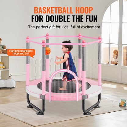 VEVOR 60" Kids Trampoline, 5FT Indoor Outdoor Trampoline, Mini Toddler Recreational Trampolinewith Safety Enclosure Net and Basketball Hoop, Birthday Gifts Christmas Toys for 3+ Years Children, Pink