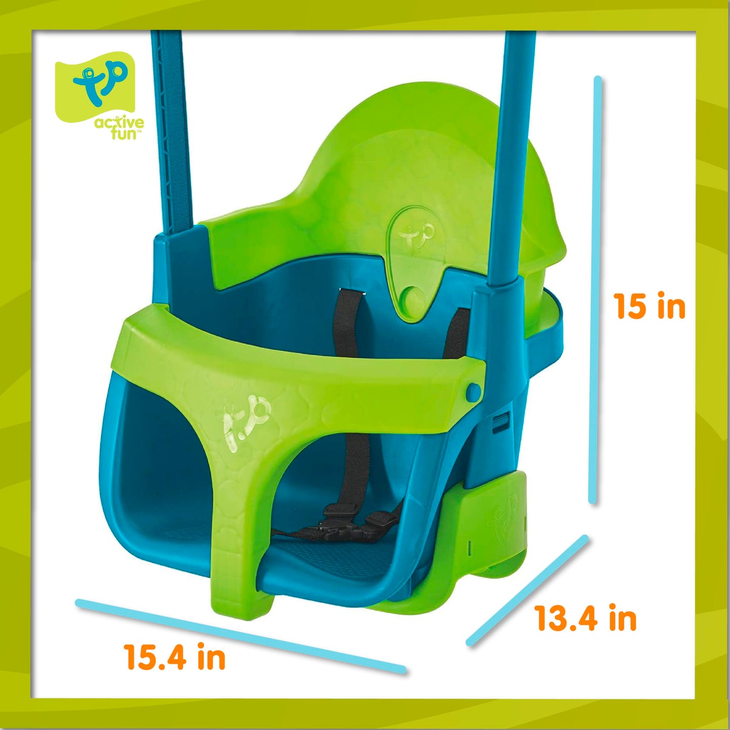 Green TP Toys Quadpod 4-in-1 growable toddler swing seat with adjustable ropes and safety strap for outdoor gardens and playgrounds