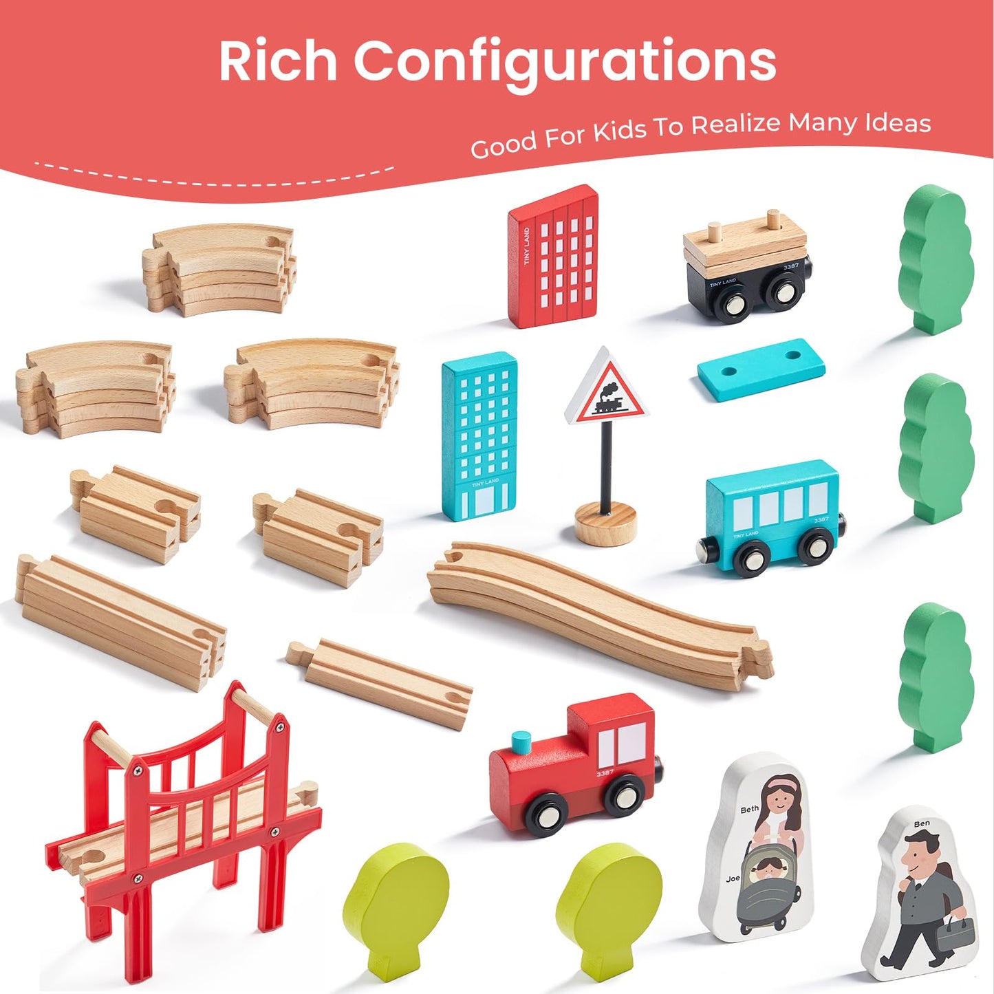 Tiny Land Wooden Train Set for Toddler - 39 Piece- with Wooden Tracks Compatible with Major Brands- Expandable, Changeable-Train Toy for 3 4 5 Years Old Girls & Boys