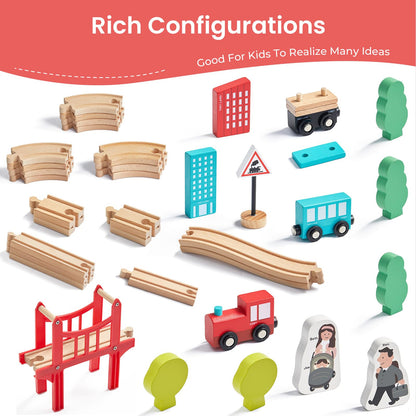 Tiny Land Wooden Train Set for Toddler - 39 Piece- with Wooden Tracks Compatible with Major Brands- Expandable, Changeable-Train Toy for 3 4 5 Years Old Girls & Boys