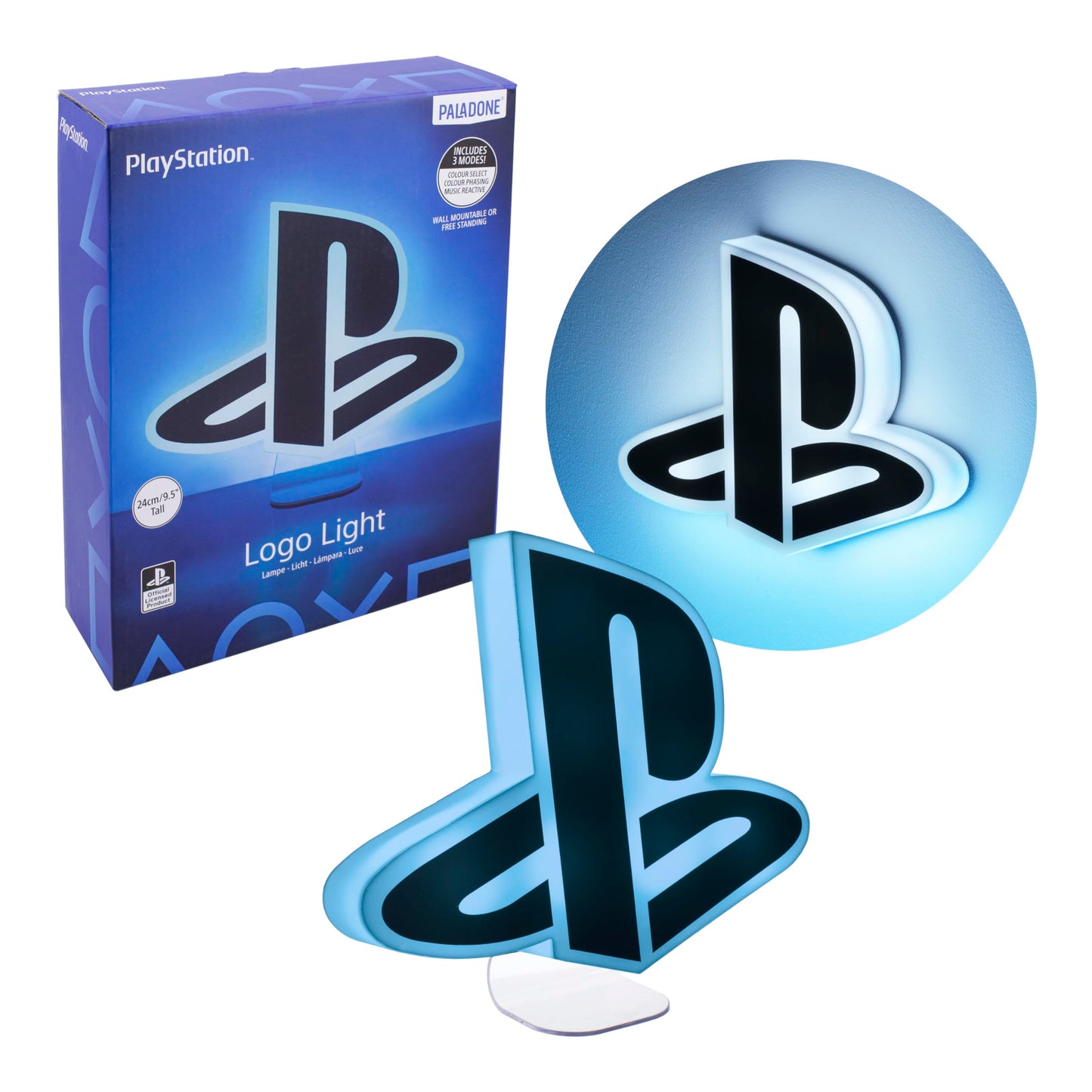 Paladone PlayStation logo light with three light modes, officially licensed gaming merchandise, illuminated display with PlayStation branding.