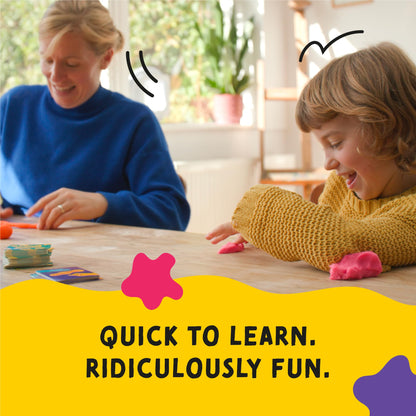 Children and adults playing with Clay It Again dough-sculpting game, featuring colorful modeling dough pots and creative fun.