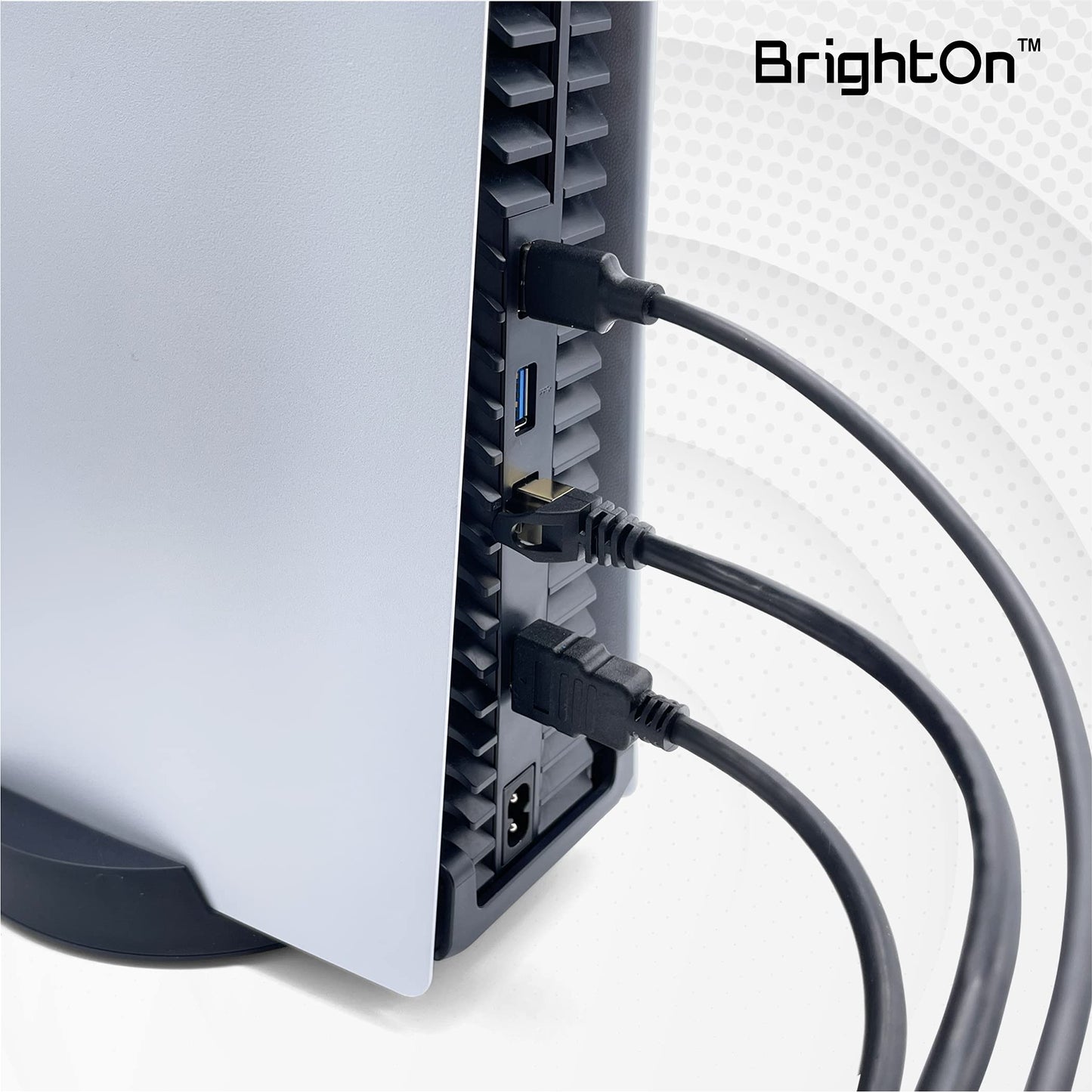 BrightOn PS5 compatible HDMI 2.1 8K/4K high-speed gold-plated CAT 7 cable, 2 meters with USB A to USB C fast charge connector.