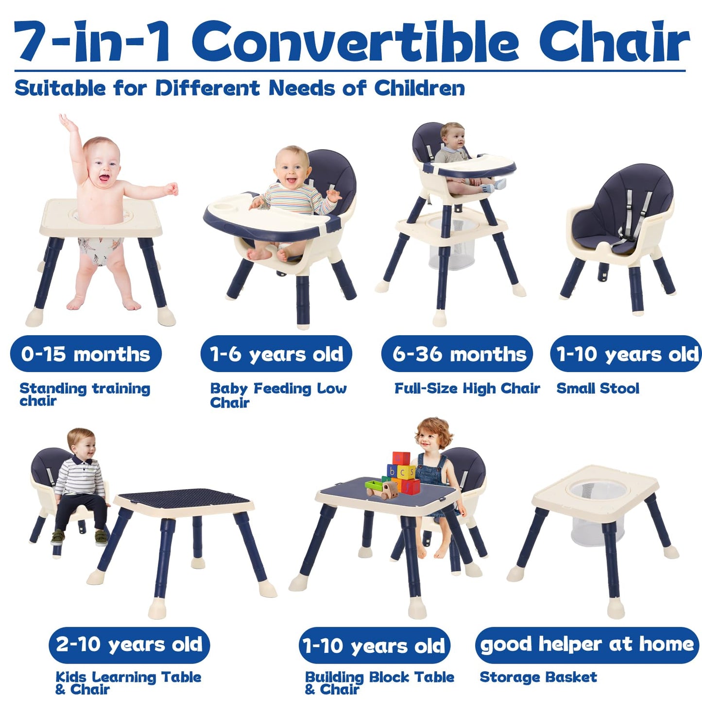 7-in 1 Baby High Chair, Highchair with Removable Game Table, Adjustable Height, Footrest, Portable Baby Chair Multifunctional Combination for Babies Toddlers (Blue)