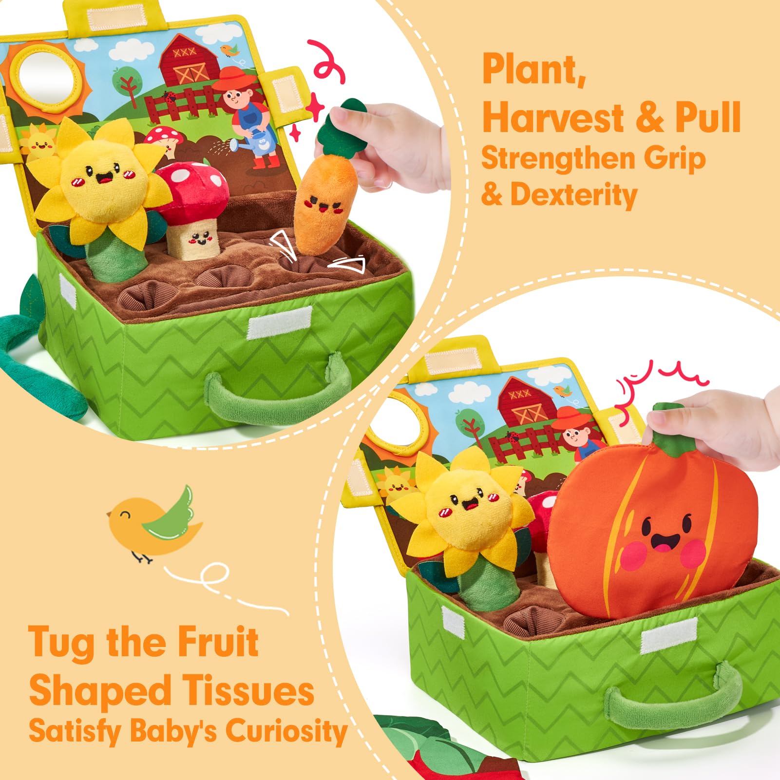 Montessori sensory plush garden toy with fruits, vegetables, rattles, and textures for babies 6-12 months by hahaland.