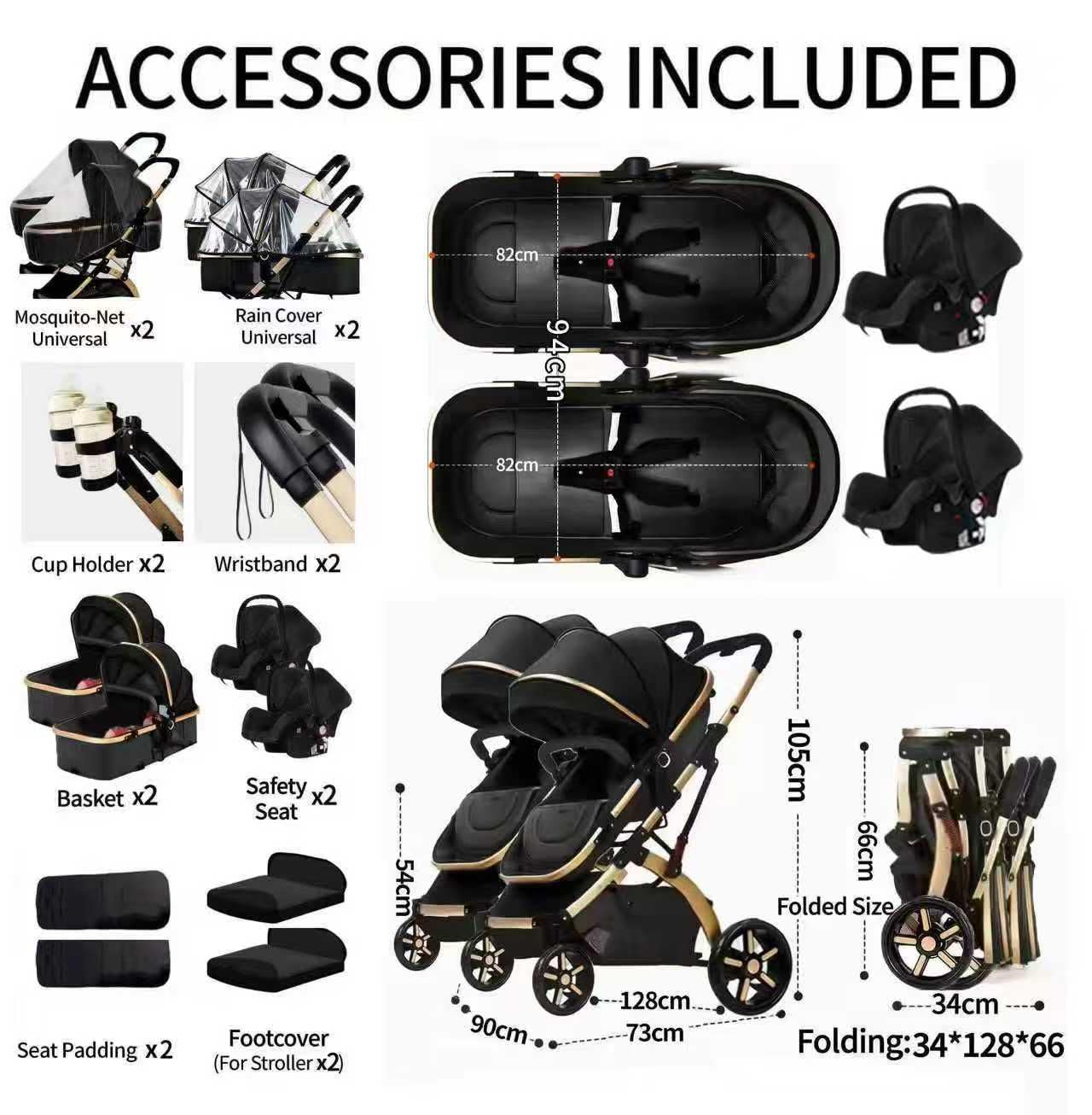 Rexhan Twin 4 in 1 Reversible Travel System, Foldable Double Baby Buggy, Twin Toddler Pram, Pushchair, Lightweight, Tandem All in One Stroller, Portable Baby Carriage, 0-4 Year, Aluminium Frame