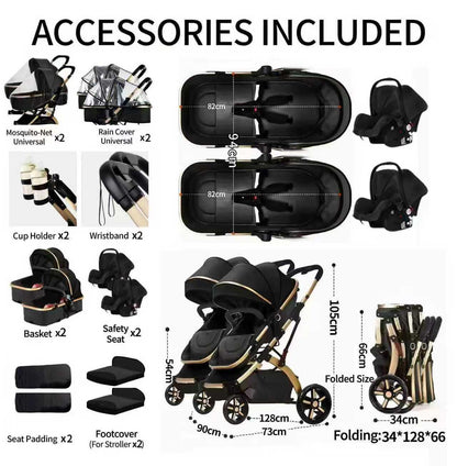 Rexhan Twin 4 in 1 Reversible Travel System, Foldable Double Baby Buggy, Twin Toddler Pram, Pushchair, Lightweight, Tandem All in One Stroller, Portable Baby Carriage, 0-4 Year, Aluminium Frame