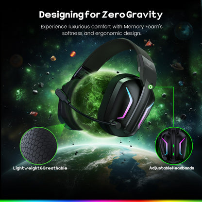 WESEARY wireless gaming headset for PS5, PC, PS4, Switch, and Mac with LED lights, 50mm stereo drivers, and adjustable microphone.