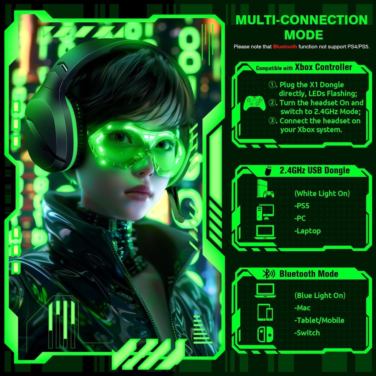 WolfLawS X3 wireless gaming headset with over-ear design, noise-canceling microphone, and 50-hour battery for Xbox, PlayStation, PC, and Switch.