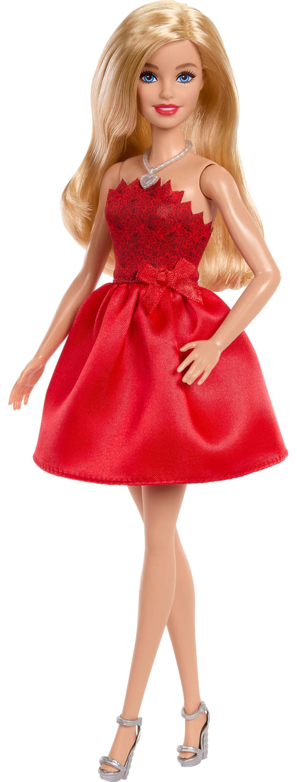 Barbie 80th Anniversary blonde fashion doll in a red dress with silver shoes and necklace, collectible toy.