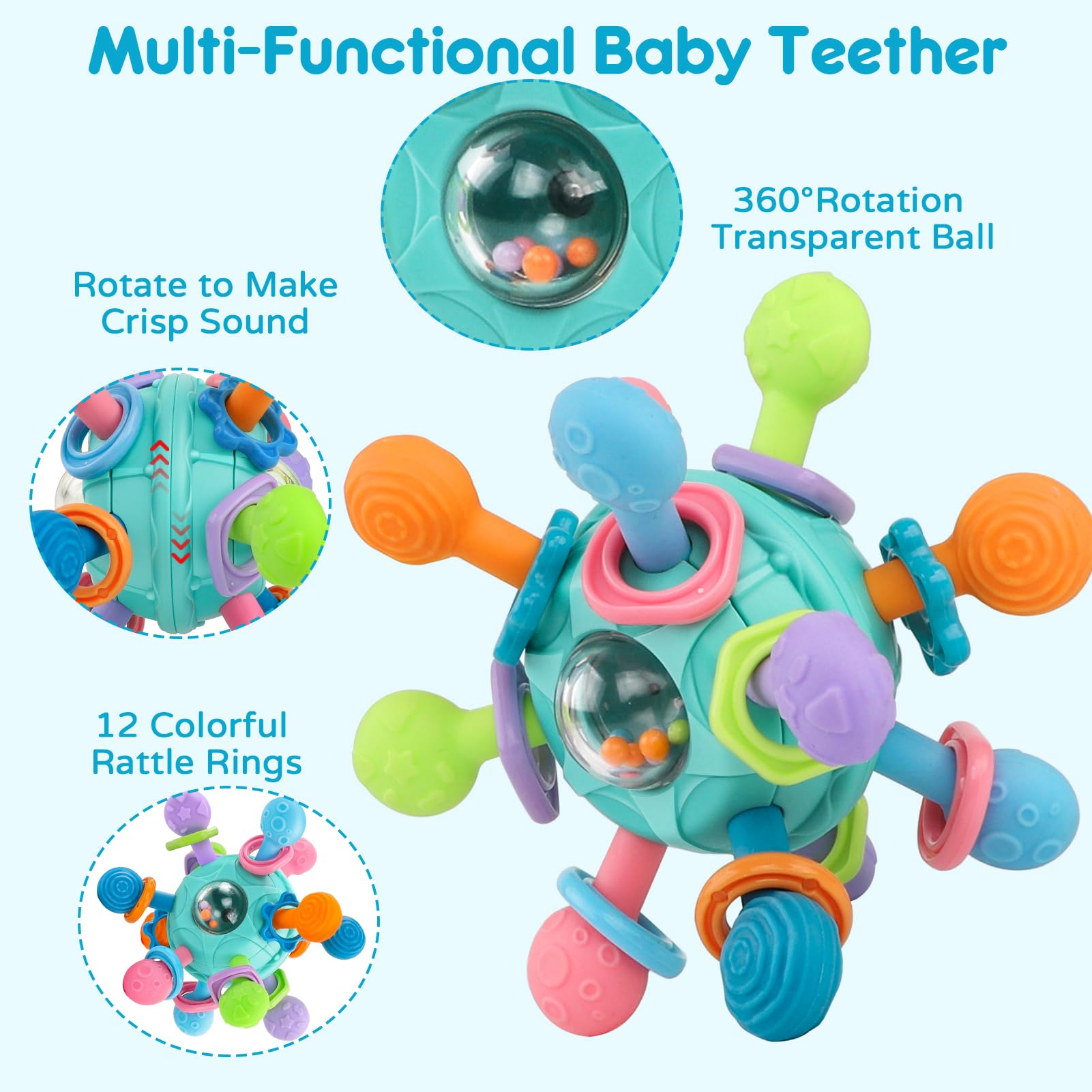Blue Kaybolge baby rattle and teether toy for 0-12 months, featuring a sensory shaker and spin toy for infants and toddlers.