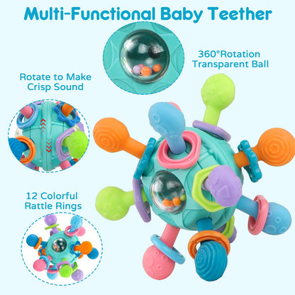 Blue Kaybolge baby rattle and teether toy for 0-12 months, featuring a sensory shaker and spin toy for infants and toddlers.