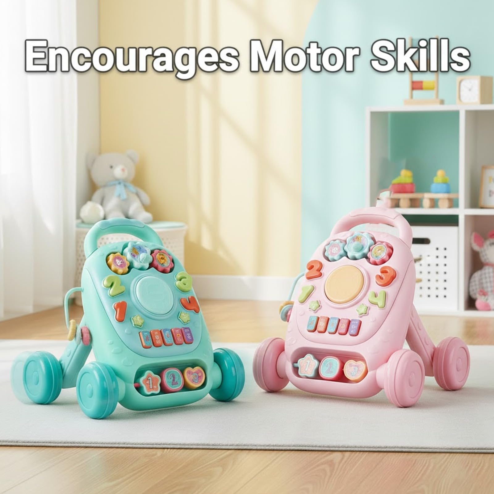 Blue PEBBLE HUG baby learning walker with interactive lights, music, and sturdy design, ideal for first steps and educational play.