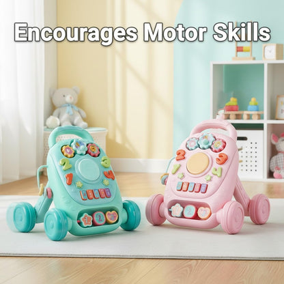 Blue PEBBLE HUG baby learning walker with interactive lights, music, and sturdy design, ideal for first steps and educational play.