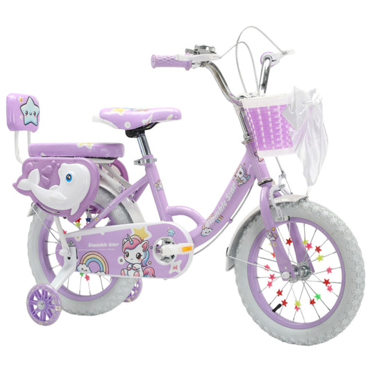 Touch of Venetian 12" 14" 16" Girls Children Bike with Stabilisers Wheels Bell Kids Bike for Ages 2-9 Years Old Pink Bicycle Multiple Colors Bow Pink Purple Unicorn Rainbow (Purple-Dolphin, 12 inch)