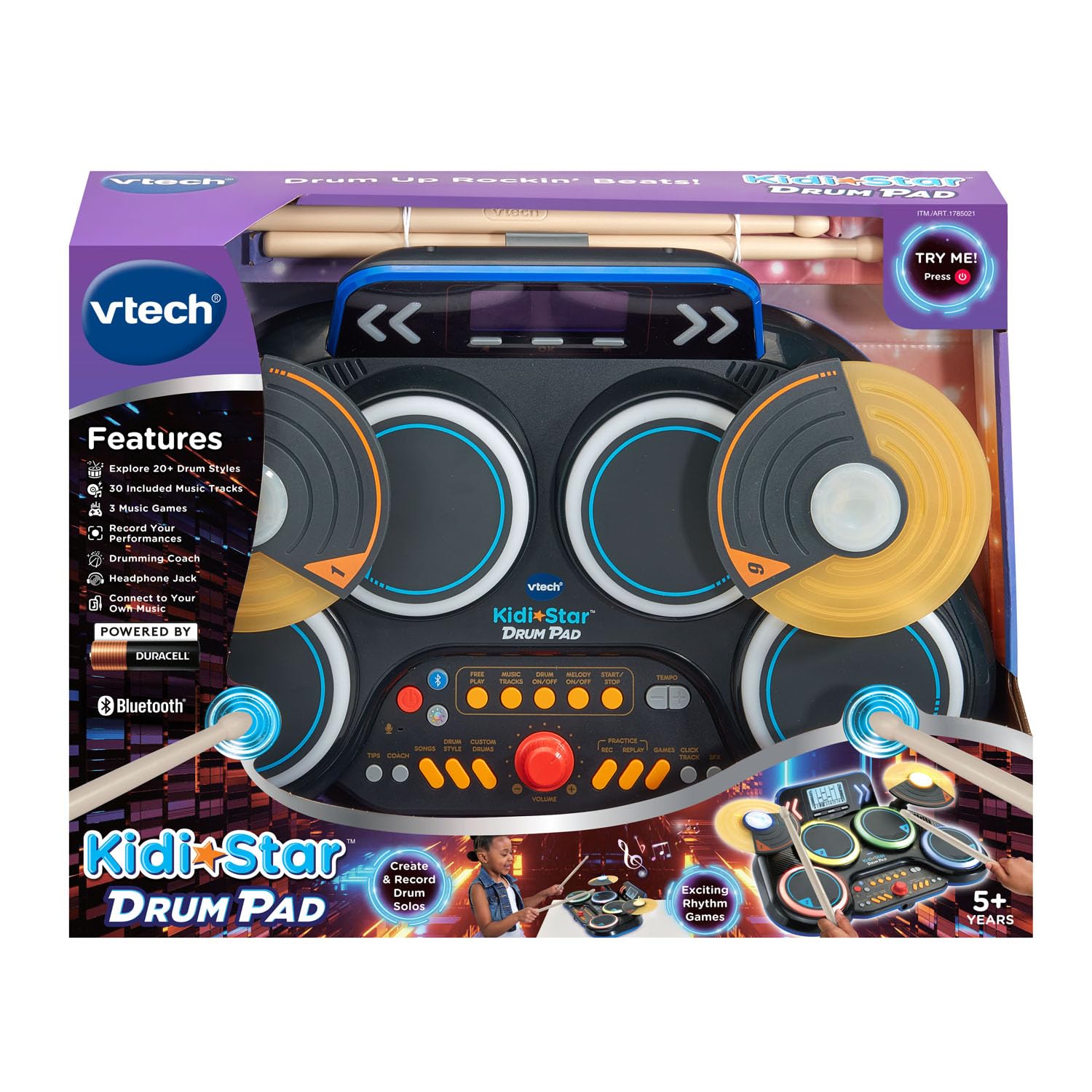 Black VTech Kidi Star Drum Pad with colorful buttons and drumsticks, designed for kids to play and learn percussion.