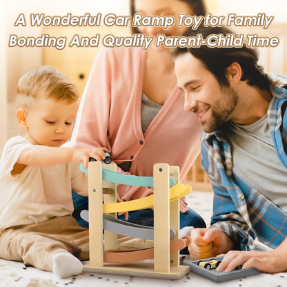 Vanplay wooden car ramp with 4 mini cars and a toy garage for toddlers, designed for imaginative play and motor skills.