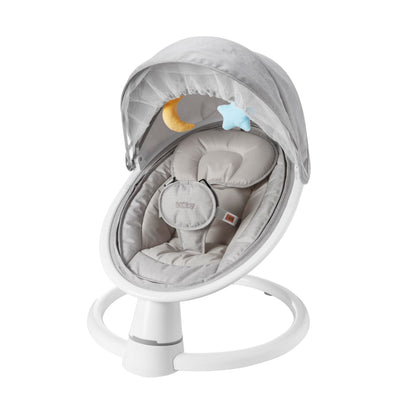 Nuby Connect baby swing chair in grey with toy bar, canopy, remote control, suitable for infants from birth, soft and comfortable.