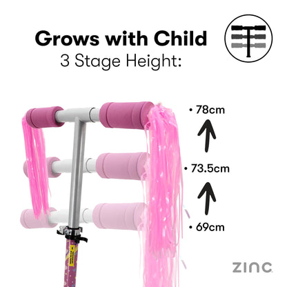 Zinc Kids Scooter for Ages 3+, Folding 2-Wheel Kick Scooter with Light Up Wheels, Height Adjustable, Anti-Slip Footplate, Rear Footbrake, Unicorn with Tassels