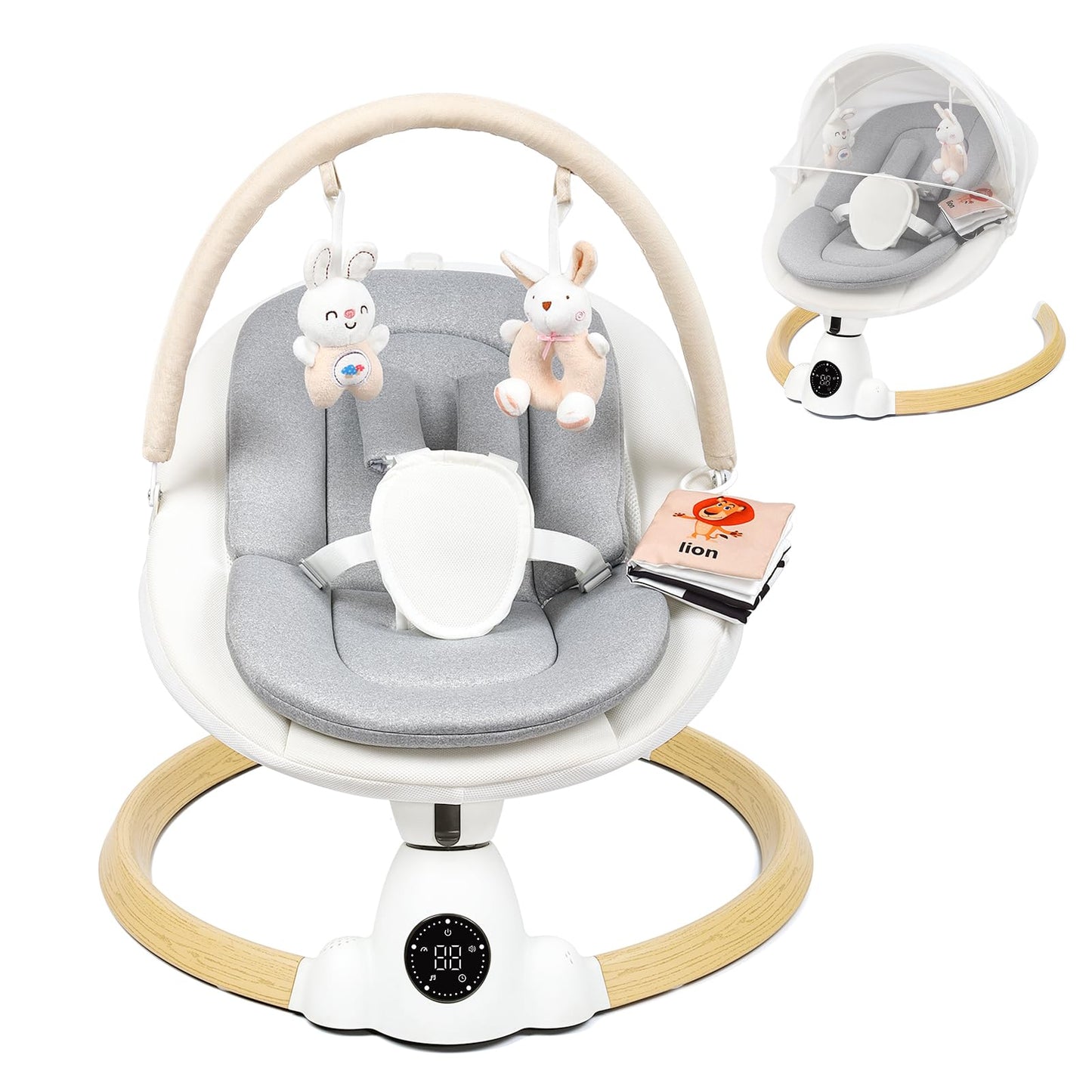 Uuoeebb portable electric baby bouncer with wooden frame, Bluetooth, 5 swing speeds, lullabies, 5-point harness, remote control, indoor outdoor