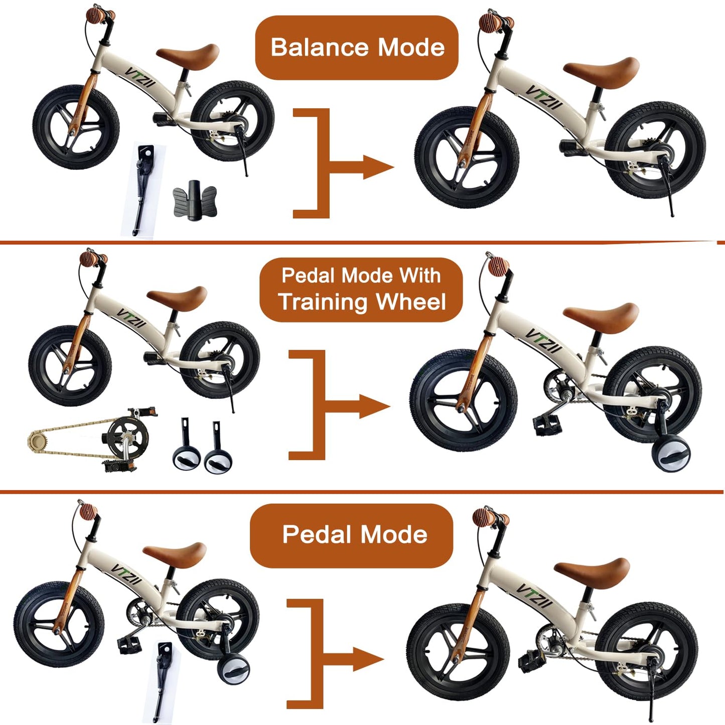 VTZII Balance Bike 2 in 1 with Pedals Brake Training Wheels Kickstand Pneumatic tyre,for Kids 2-7 Years Old,Kids Bike 12 14 16 inch (Green, 12 inch)