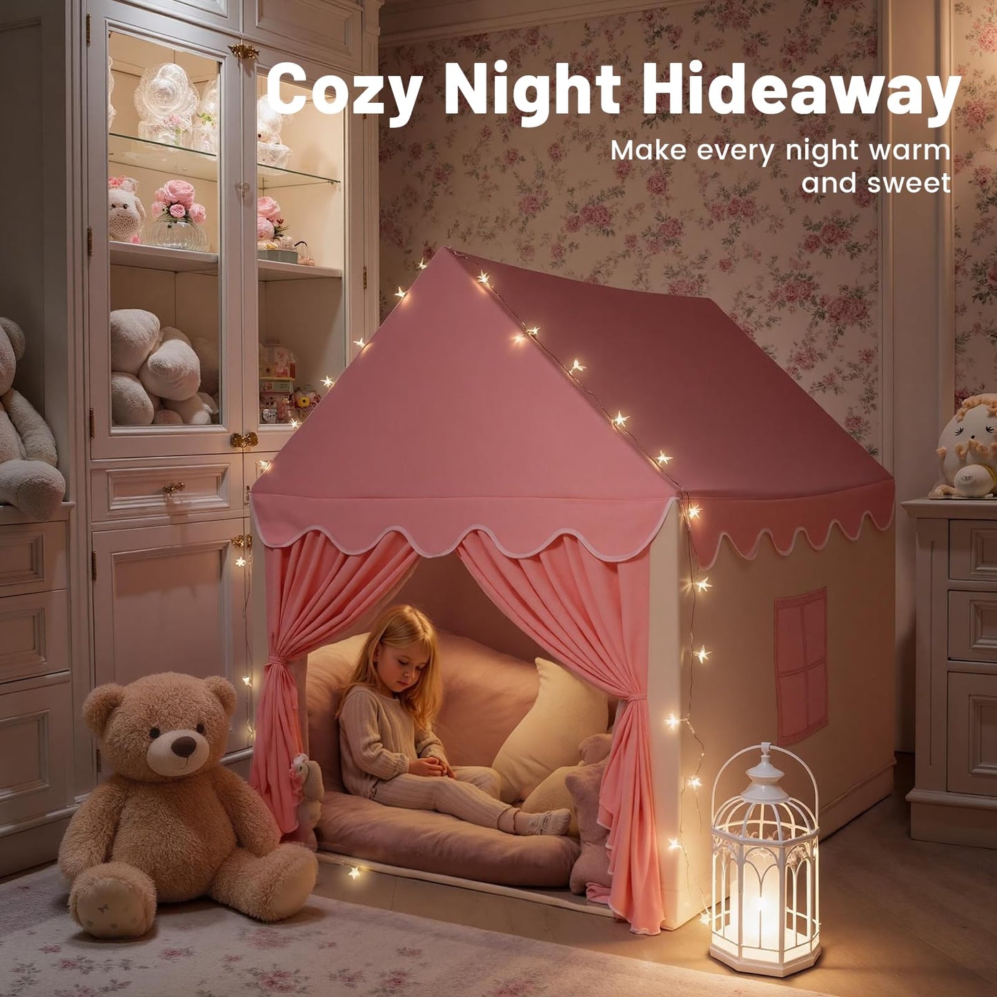 Pink Wilwolfer kids play tent for girls, indoor princess playhouse with windows and door, ideal toddler toy house and gift.
