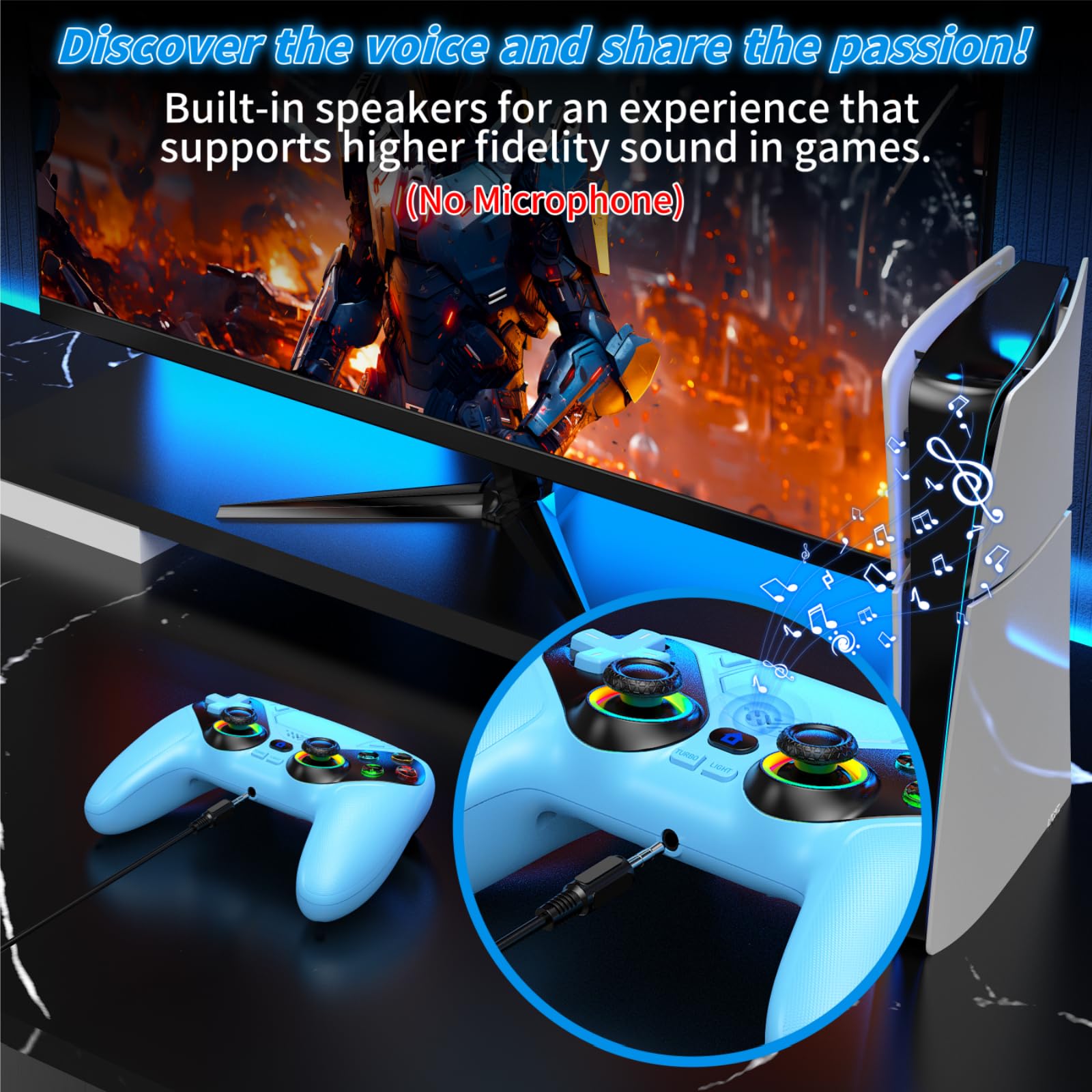 Gamrombo RGB wireless PS5/Pro/Slim and PC game controller with back buttons, touchpad, turbo, dual vibration, and 3.5mm audio jack.