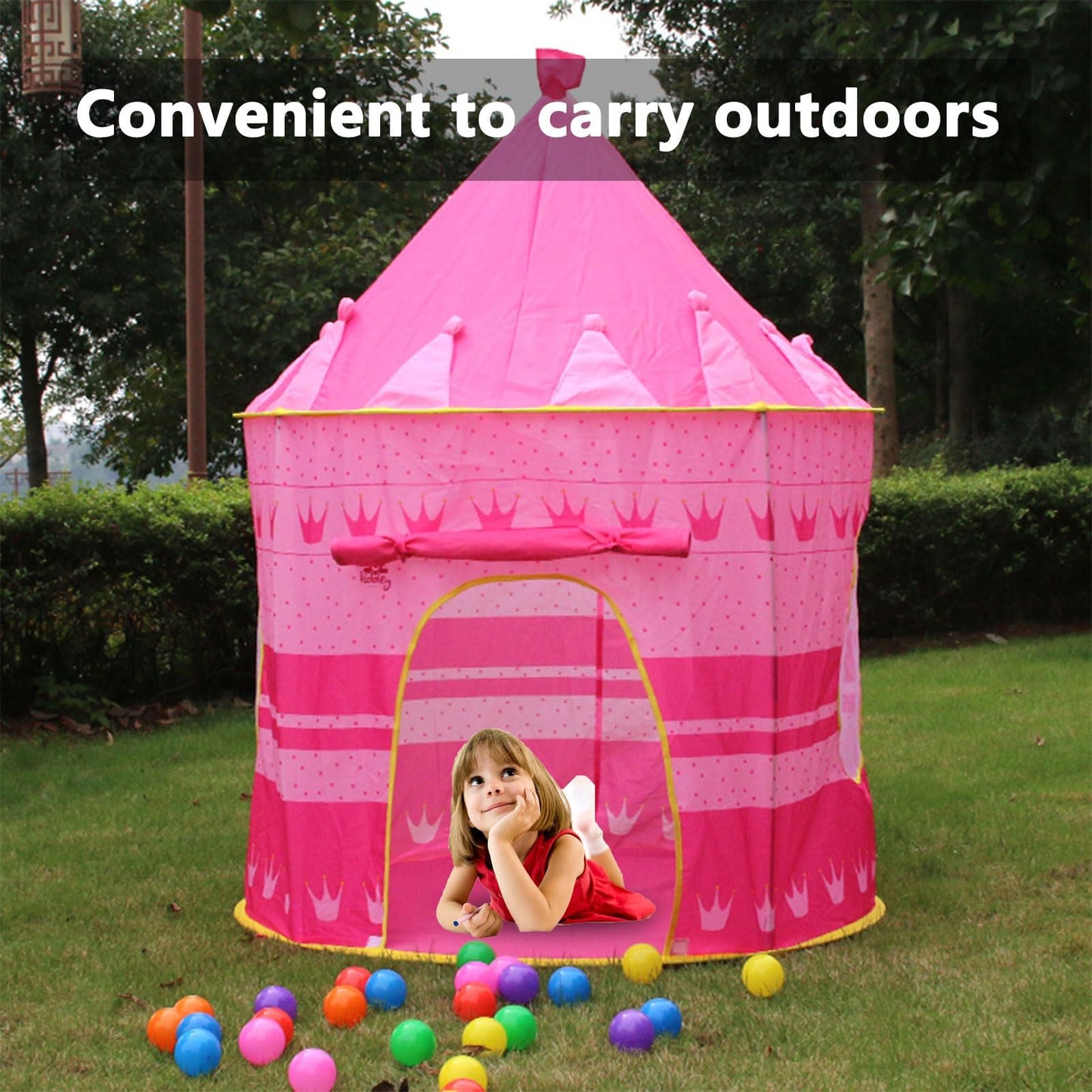 Pink Pop Up Princess Castle Teepee Tent by ZQuintuplian, portable indoor/outdoor kids play tent with print cloth yurt design.