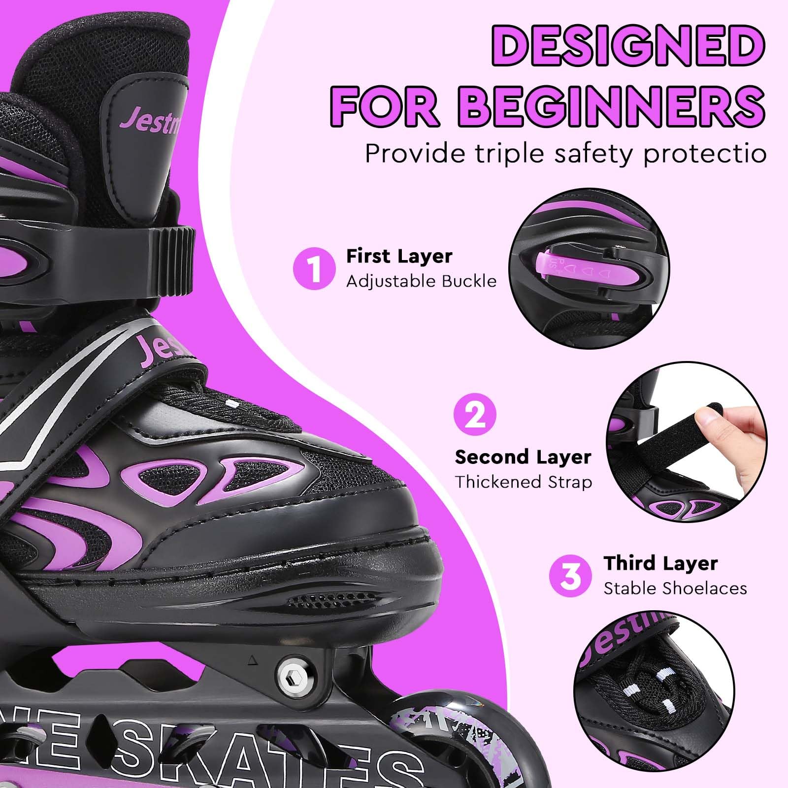 Kids adjustable inline skates by Jestme with light-up wheels, suitable for beginners, size medium (UK 1-4), colorful and sporty.
