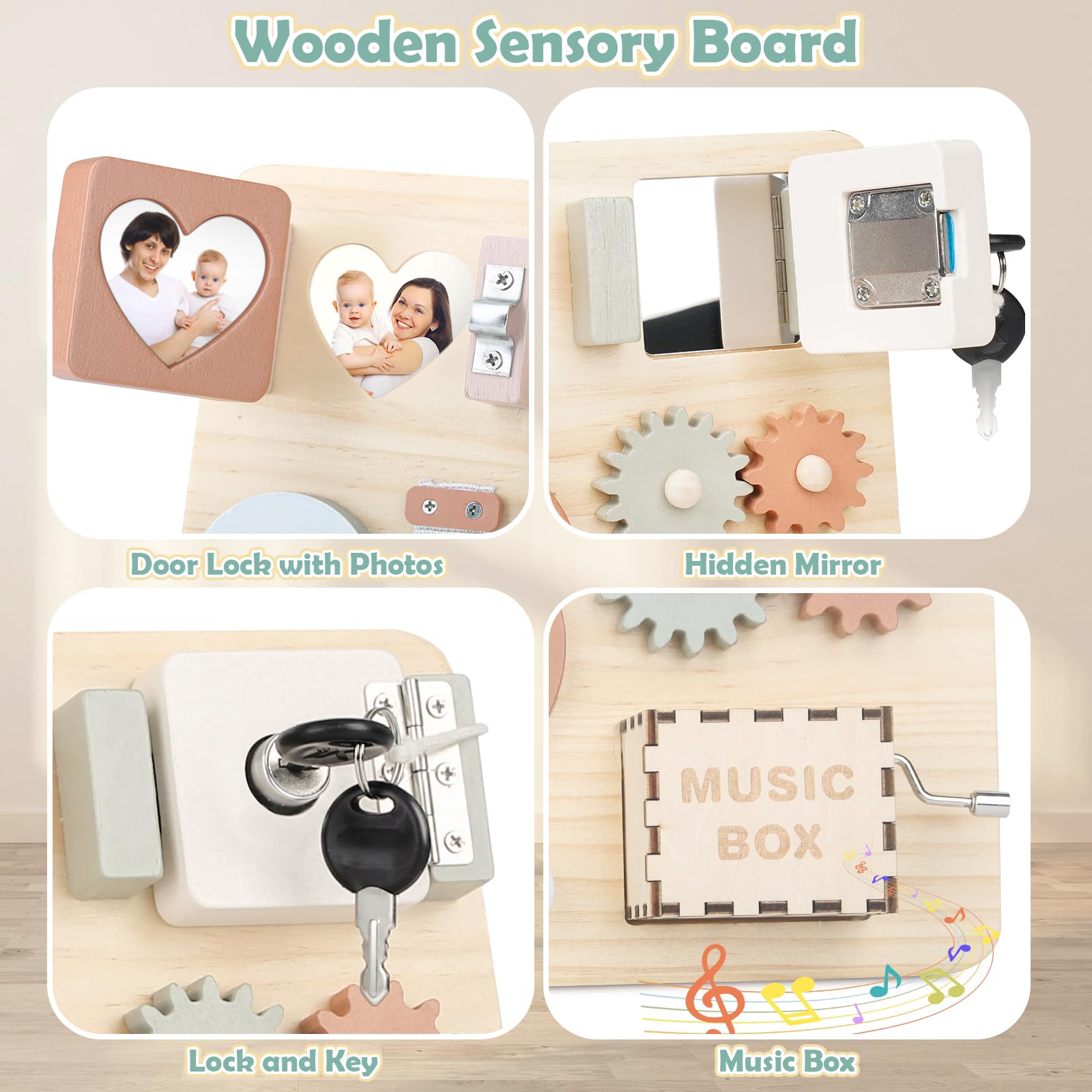 Joyreal wooden busy board for toddlers with sensory and fine motor skill activities, Montessori travel toy for boys and girls.