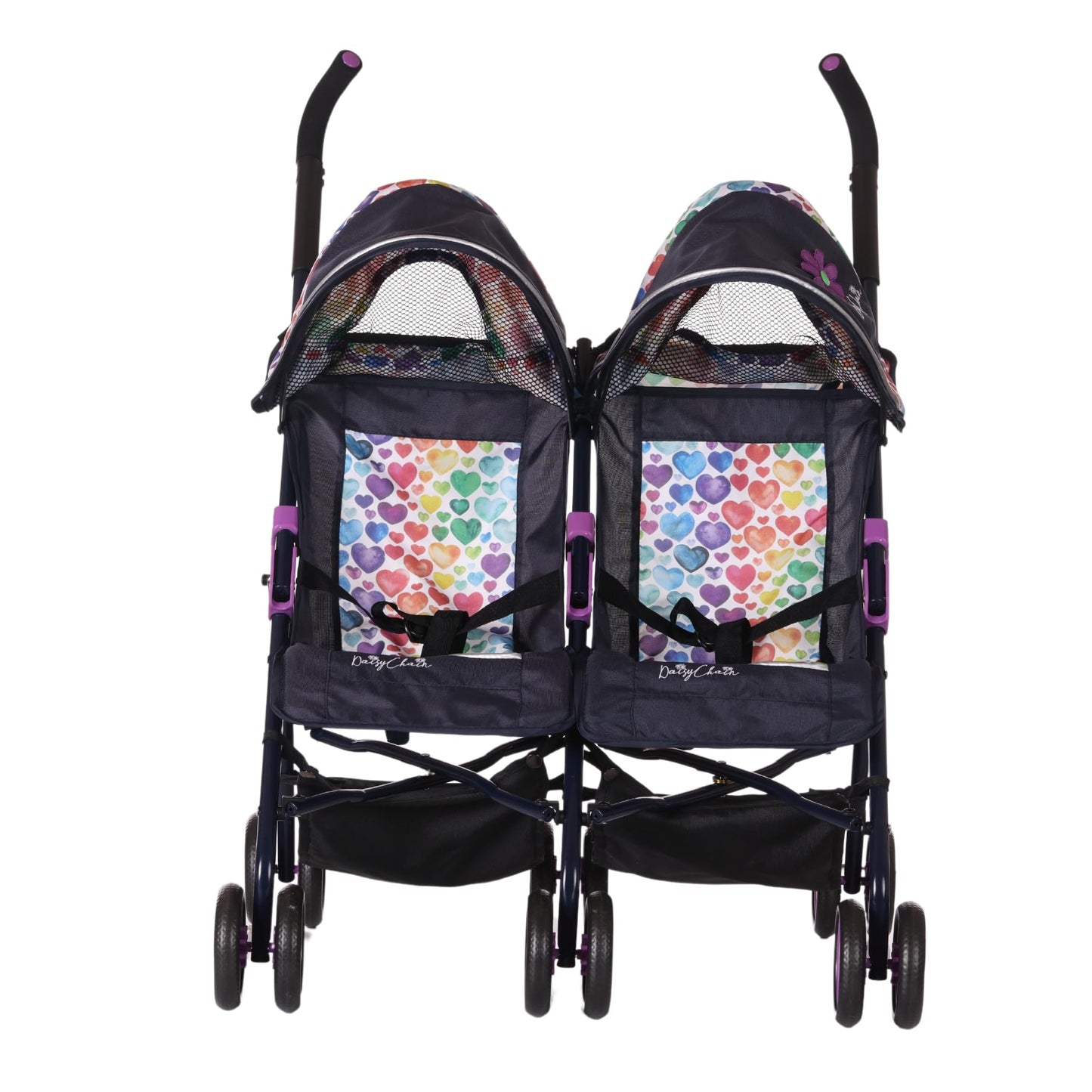 Daisy Chain Zipp Twin Max Dolls Pushchair – Adjustable handles from 76-82cm. For ages 4,5,6,7,8 or 9 years. (Rainbow Hearts)