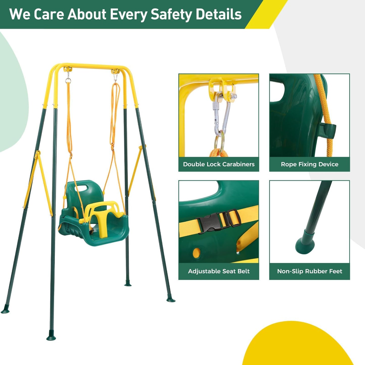 FUNLIO Toddler Swing with Safety Harness, Heavy-Duty Kid Swing for Garden & Indoor Use, Folding Metal Stand, Outdoor Play Equipment for Children - Green