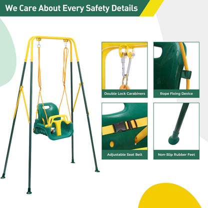 FUNLIO Toddler Swing with Safety Harness, Heavy-Duty Kid Swing for Garden & Indoor Use, Folding Metal Stand, Outdoor Play Equipment for Children - Green