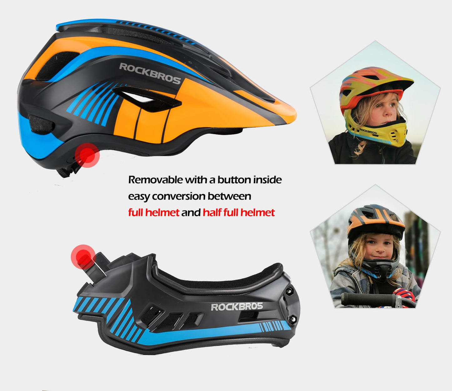 ROCKBROS Kids Full Face Bike Helmet Kids Helmet Toddler Bike Helmets Full Face Protective Safety Helmet for MTB Skateboarding Scooter Roller Skating Cycling S: 48-52 cm, M: 55-58 cm