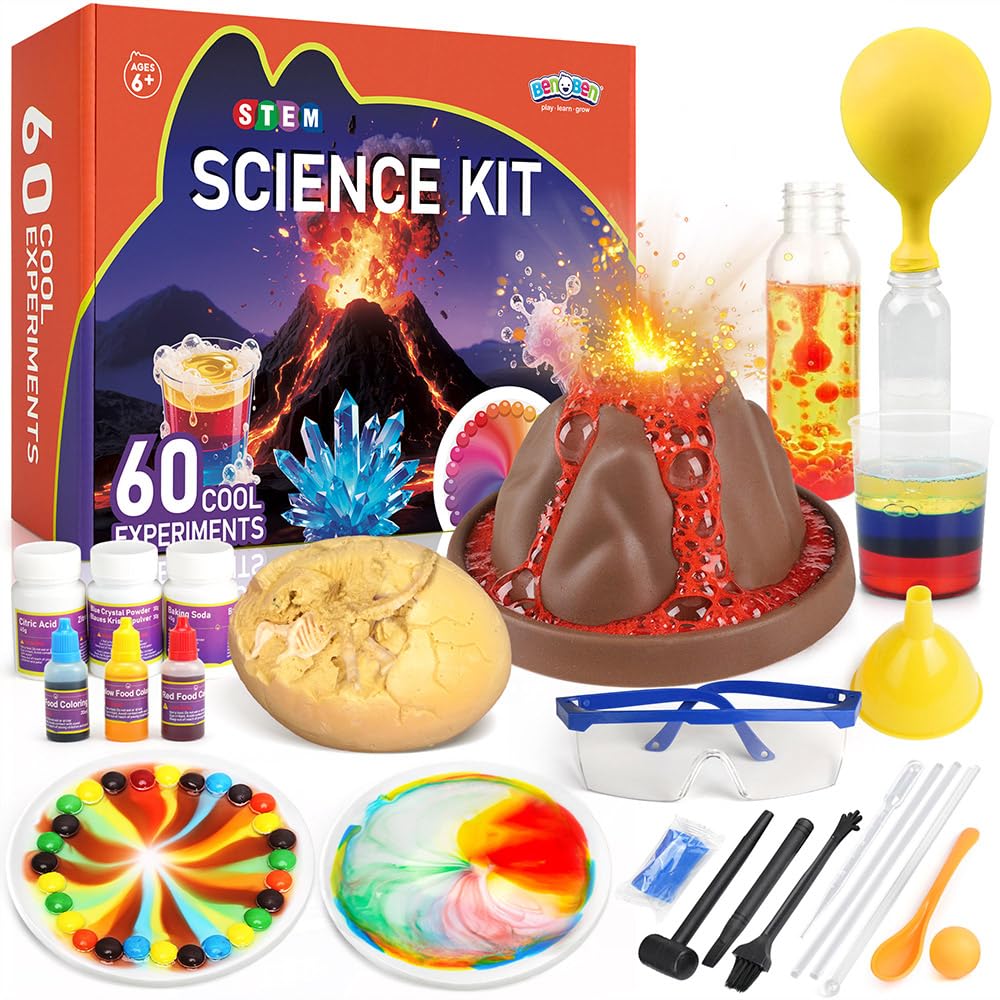 BenBen 60+ science experiments kit for kids, educational STEM toys with colorful experiment tools and materials for ages 6 to 10.