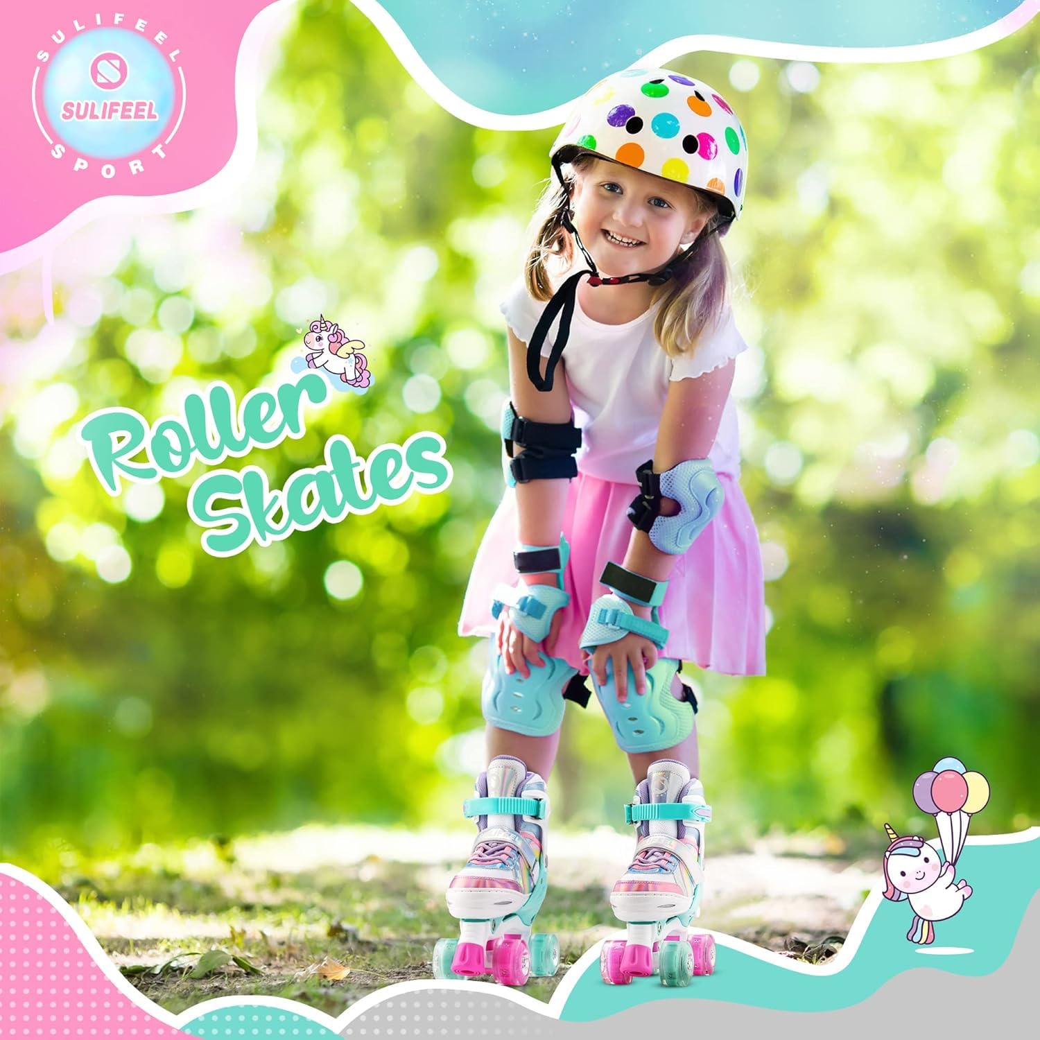 SULIFEEL Rainbow Unicorn adjustable light-up roller skates for kids with colorful unicorn design and size 9C-12C UK.