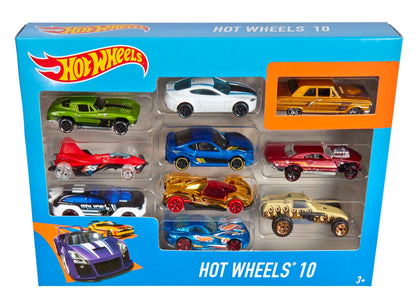 Assorted Hot Wheels toy cars and trucks in 1:64 scale, featuring various styles like race cars and firetrucks.
