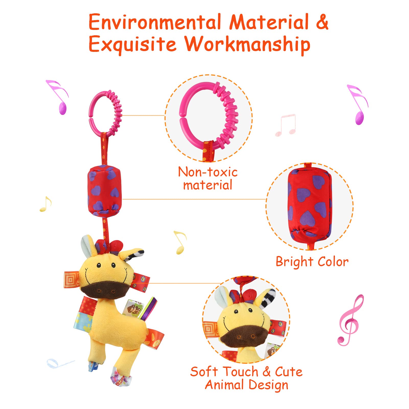 JoyLife baby pram pushchair soft hanging rattle toy with plush animal design, sensory learning toy for infants in car seats and cribs