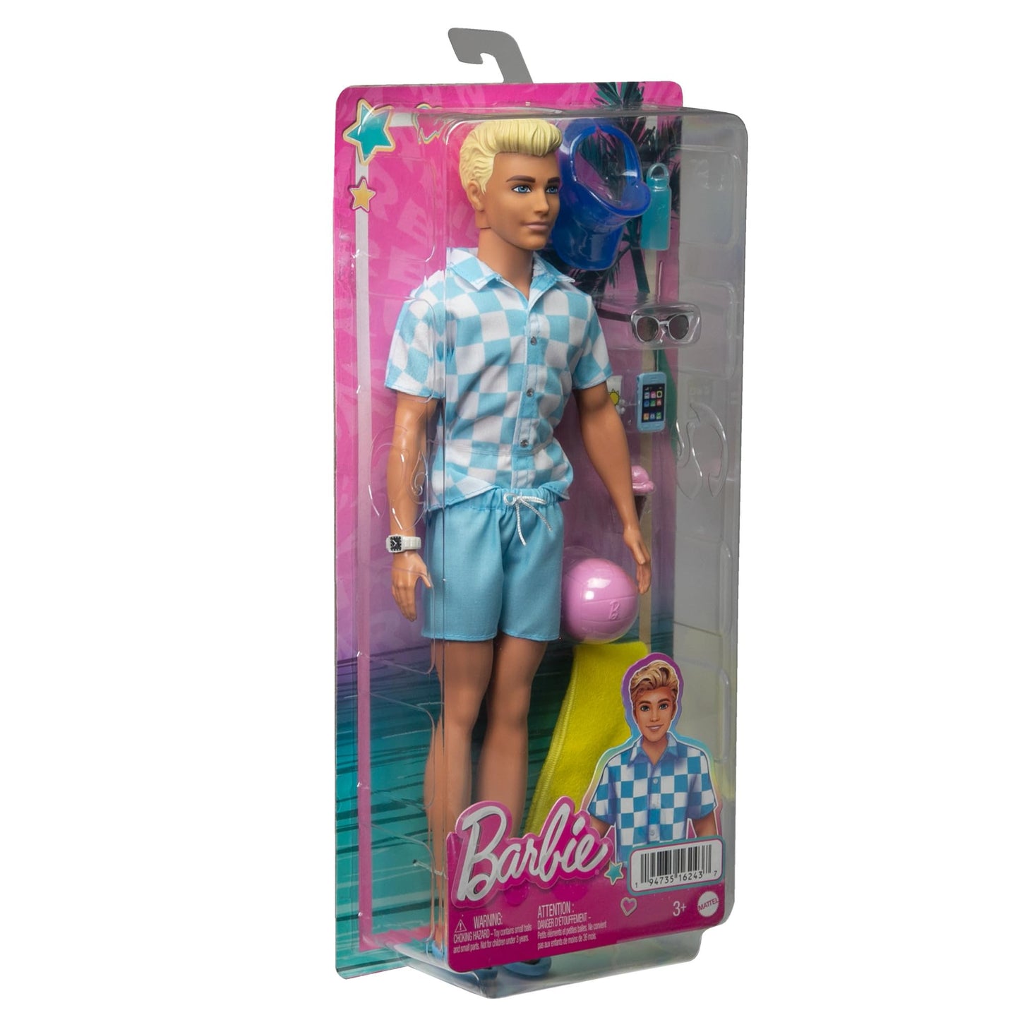 Barbie Blonde Ken doll wearing a blue button-down shirt and swim trunks, with beach accessories including a visor and towel.