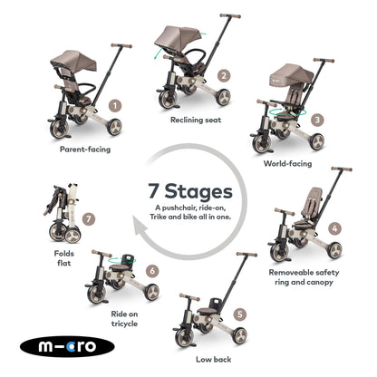 Micro FlexiTrike foldable toddler tricycle in latte brown with parent handle and 360-degree rotating seat for 6+ months.