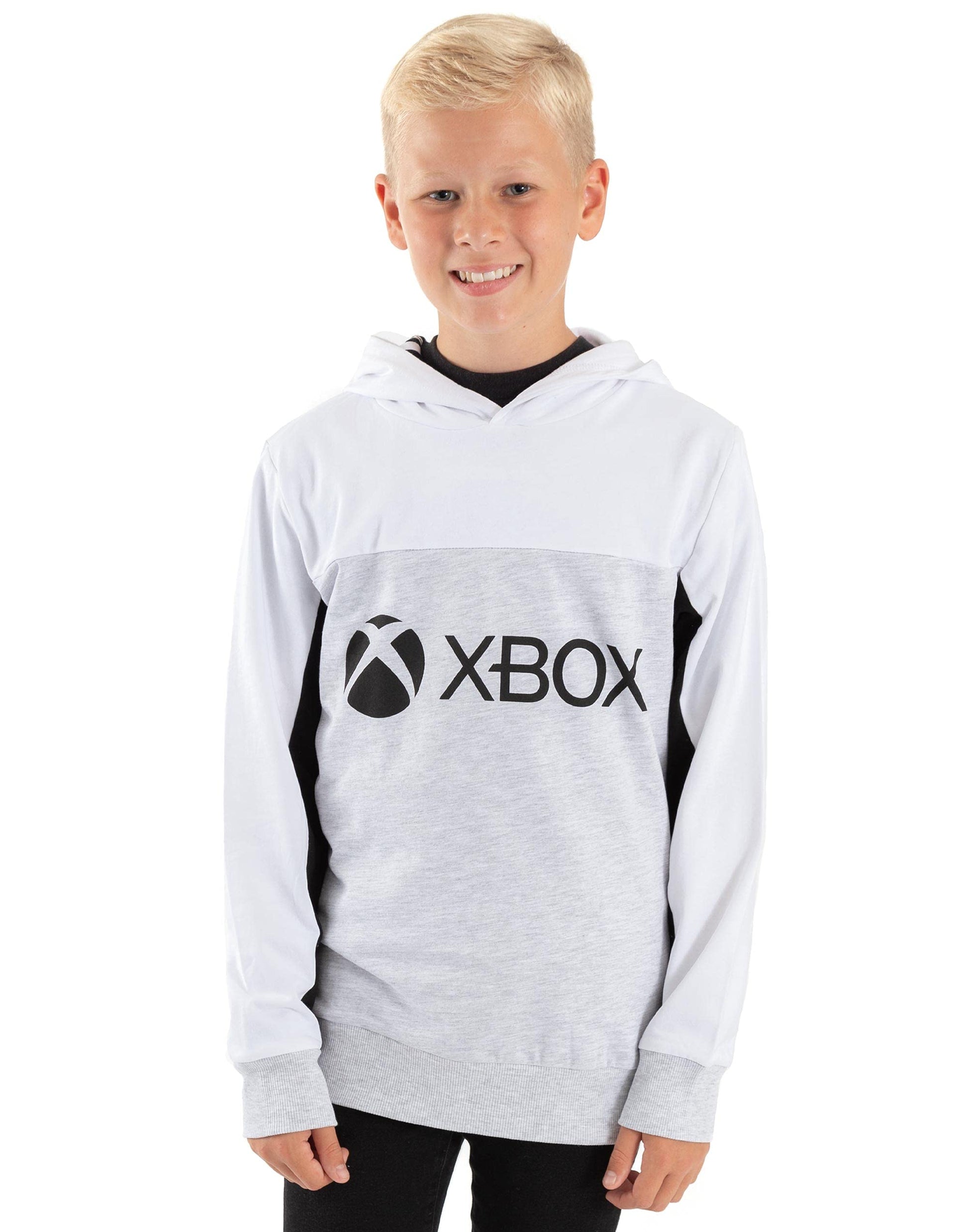 Xbox hoodie for kids featuring white and grey design with game console logo, ideal for boys and girls aged 14-15 years.