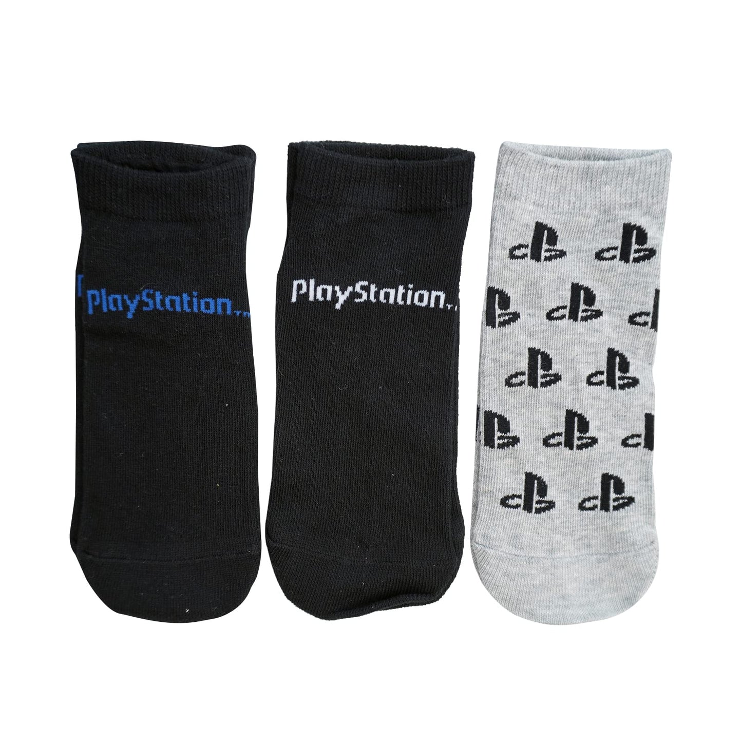 PlayStation official boys and girls trainer socks in a 3-pack, size 12.5-3.5, featuring PlayStation logo and colorful design.