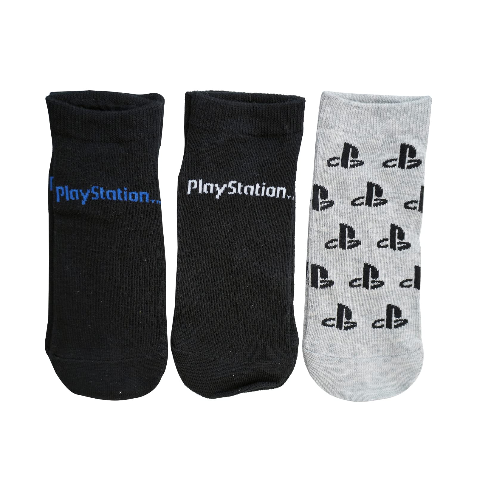 PlayStation official boys and girls trainer socks in a 3-pack, size 12.5-3.5, featuring PlayStation logo and colorful design.