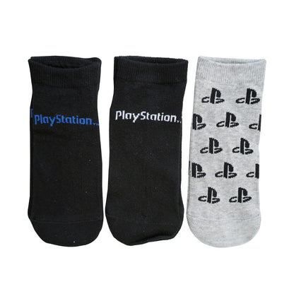 PlayStation official boys and girls trainer socks in a 3-pack, size 12.5-3.5, featuring PlayStation logo and colorful design.